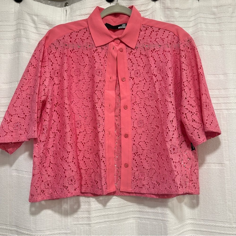 Love Moschino pink lace button up blouse